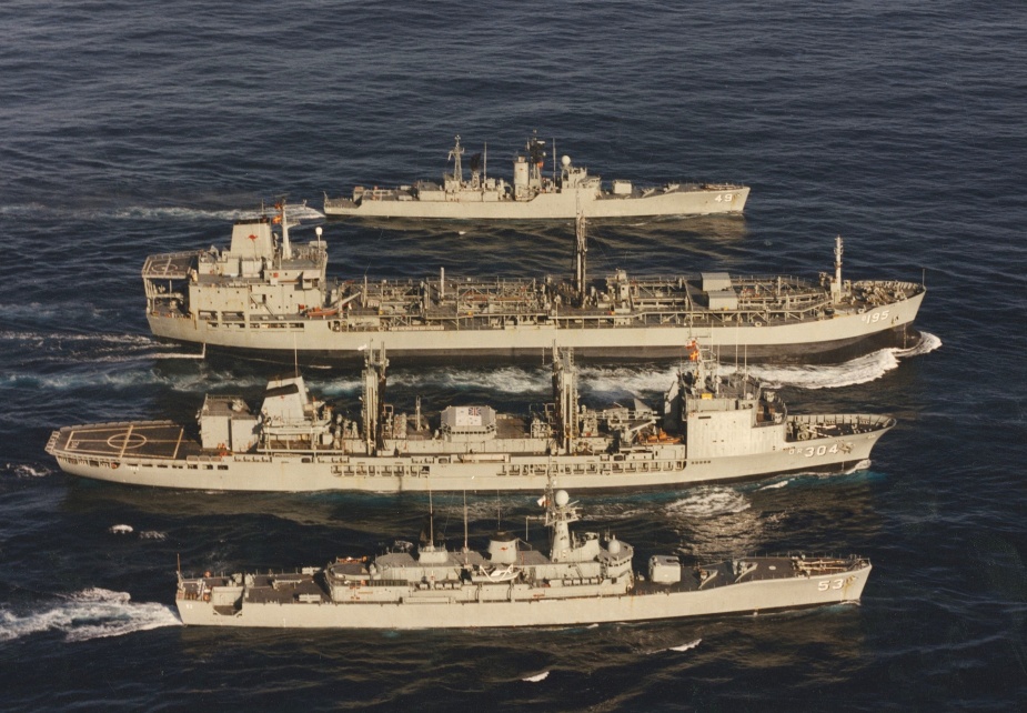 Westralia in company with her sister tanker HMAS Success and destroyer escorts Torrens (53) and Derwent (49) c.1994