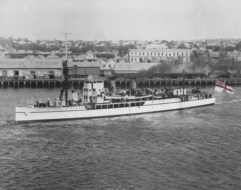 HMAS Geranium leaving Brisbane for Great Barrier Reef survey on 28 June 1924.