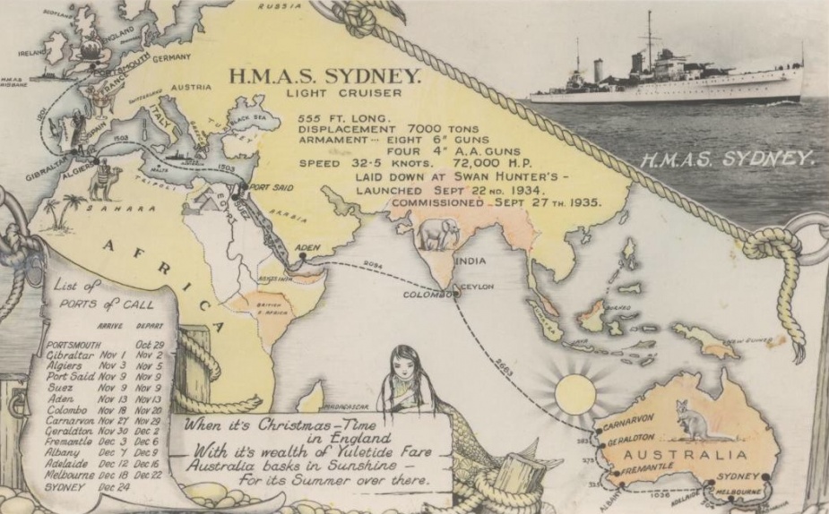 A postcard commemorating Sydney's first year in commission and her predicted maiden voyage to Australia. It transpired that not all of the ports forecast on this postcard were visited due to her involvement in the Abyssinia crisis.