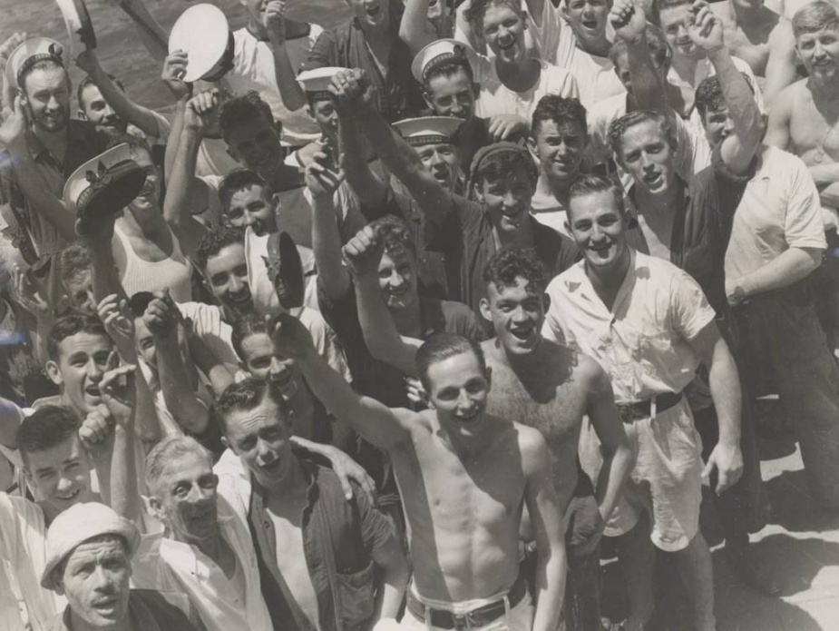 Members of Sydney's crew pose triumphantly in Alexandria.