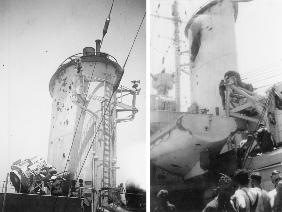 Members of Sydney's crew inspecting the damage to her forward funnel.