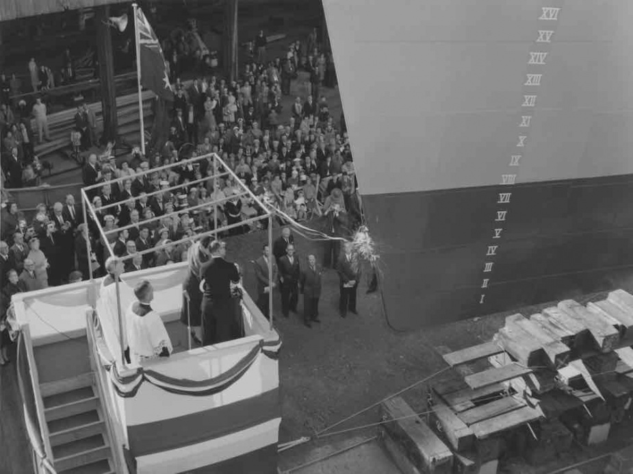The launching of Yarra (III) by Lady McBride, wife of the Minister for Defence on 30 September 1958 at Williamstown Naval Dockyard, Melbourne.