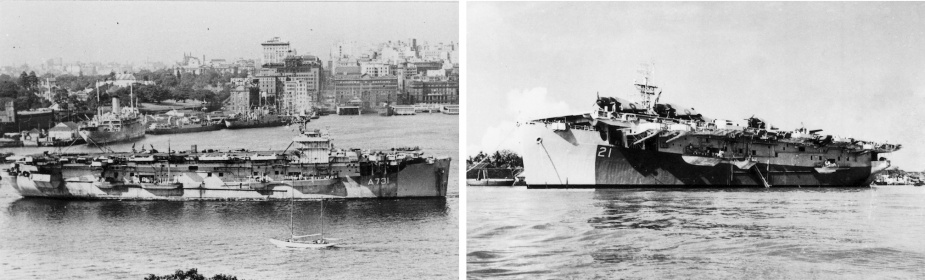 In additon to the large fleet carriers, numerous escort carriers supported offensive operations in the Pacific. Left: HMS Ruler in Sydney Harbour. Right: HMS Shah