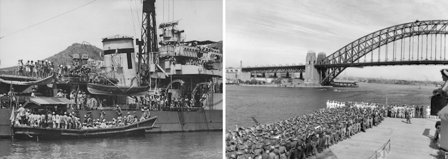 Left: Japanese prisoners boarding HMS Whirlwind following the cessation of hostilities. Right: HMS Speaker repatriates former Australian prisoners of war to Sydney.