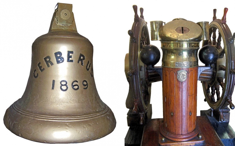 The bell, binacle and ship's helm from Cerberus, now on display in the HMAS Cerberus Museum, Westernport, Victoria