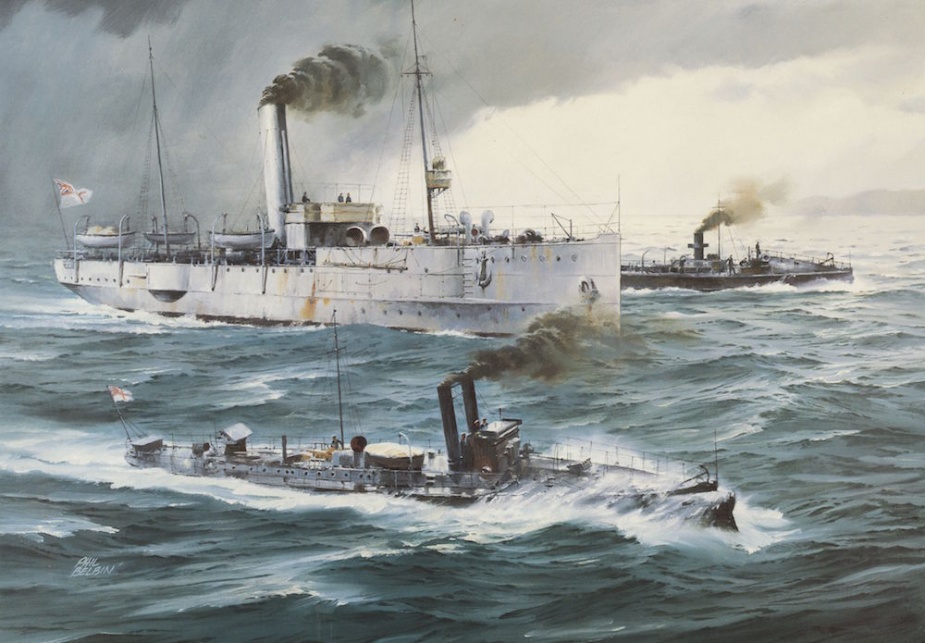 The gunboats Childers and Protector exercising with Countess of Hopetoun on Port Phillip Bay, circa 1915. (Artwork by Phil Belbin)