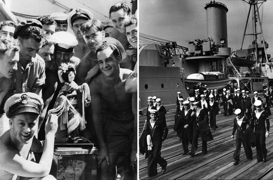 Left: Hobart ratings ashore in Japan following the cessation of hostilities.  Right: Easter leave, 1946.