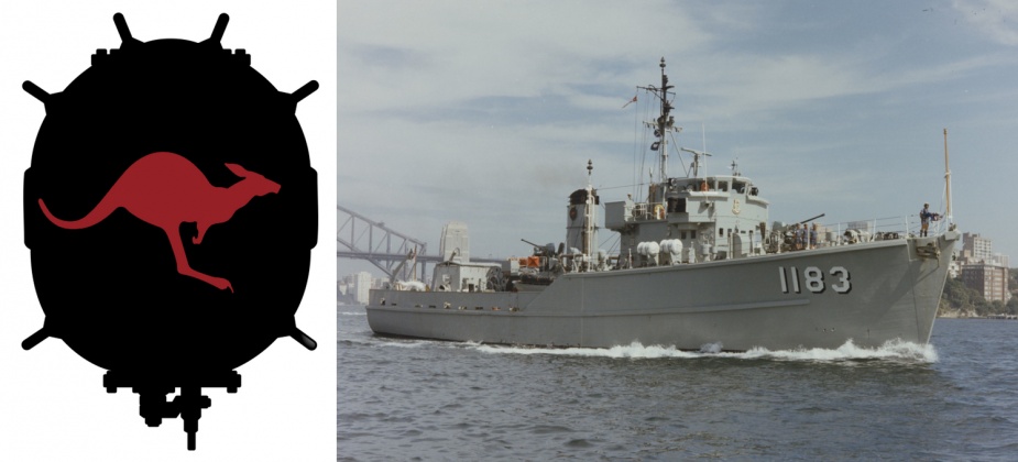 HMAS Ibis displaying the black mine with a red kangaroo on her funnel.