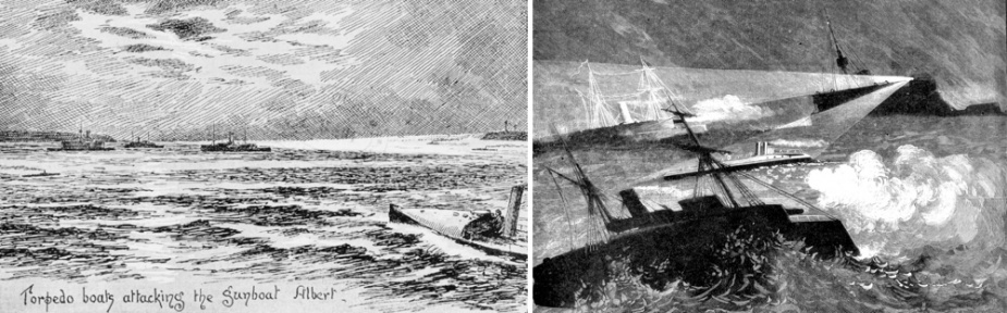 Left: Torpedo boats attack Albert during manoeuvres on Port Phillip Bay. Right: Albert leads a mock attack on HMVS Cerberus.