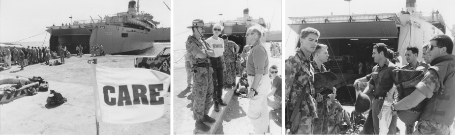 Left: Jervis Bay unloading at Mogadishu, 14 January 1993. Centre: Colonel Bill Mellor, Commander Australian Forces Somalia, in discussion with Care Australia representatives. Right: Embarked forces and members of Jervis Bay's ship's company during unloading operations at Mogadishu.