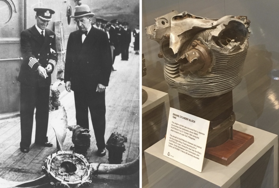 Captain JM Armstrong, RAN in conversation with Mr SM Bruce, the Australian High Commissioner to England, in July 1945 following the ships arrival at Plymouth. Visible in the foreground is the propeller of one of the Japanese kamikaze aircraft that struck Australia during the bitter fighting in the seas surrounding the Philippines. (AWM 107002)