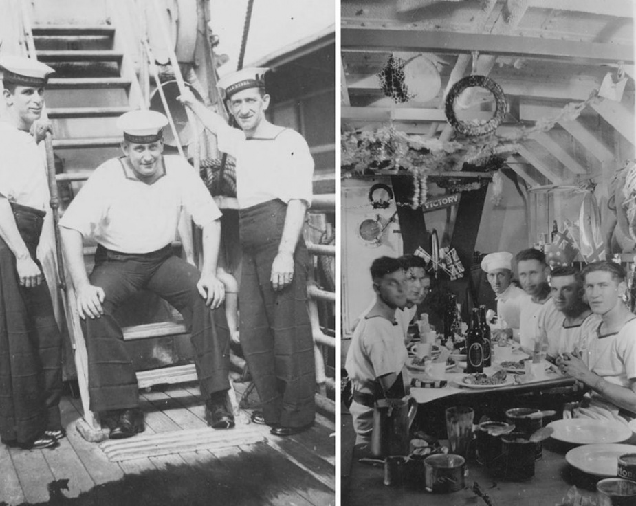 Left: Stoker Ted Caton with Lofty Rogers and another shipmate in Kybra, circa 1942. Right: Christmas lunch in Kybra, L-R: George Welch, Ted Caton, Joe Green, Harry Anderson, Lofty Rogers, Ian Hamilton and 'Frangipani' Stone.