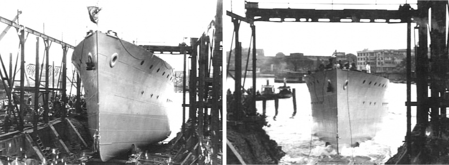 HMAS Lithgow takes to the water for the first time (L: AWM 004396, R: AWM 004397).