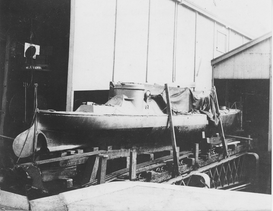 When not involved in exercises the topedo boats were routinely placed on slipways at Williamstown. Here Lonsdale can be seen 'high and dry' with the larger HMVS Childers visible in the shed behind her.