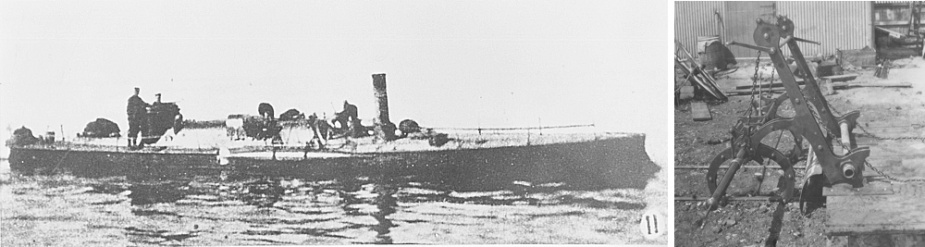 Left: Lonsdale underway on Port Phillip Bay. Right: The torpedo dropping gear visible on Lonsdale's port side