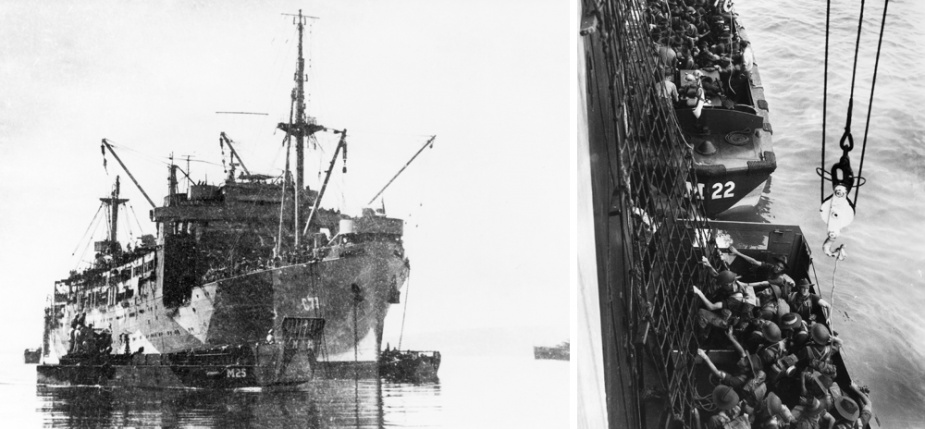 Left: An LCM passes ahead of Manoora during an amphibious landing. Right: Soldiers of the 2nd AIF disembarking from Manoora.