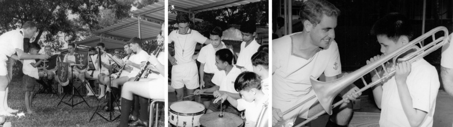 While Melbourne was undergoing temporary repairs in Singapore, the ship's band spend time at the Singapore School for the Blind. Left: The band played a concert featuring a guest conductor. Middle: Some students receiving instruction on the drums from Musician Wright. Right: Leading Musician Cross lets one the students try out the trombone.