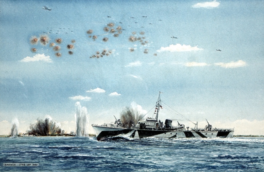 ML 814 under air attack in Darwin Harbour. Original painting by John Howell courtesy M C Hordern collection.