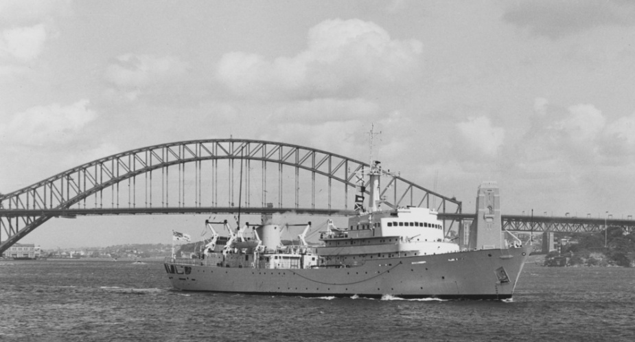 HMAS Moresby pictured with the Sydney harbour bridge in the background.