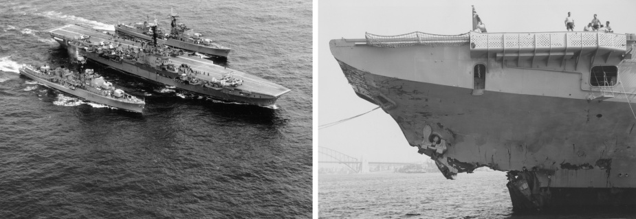 Left: HMAS Melbourne (II) in company with HMA Ships Vendetta (II) and Voyager (II). Right: Melbourne's damaged bow following her tragic collision with Voyager.