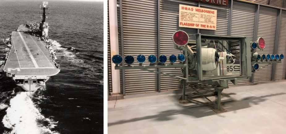 Left: a pilot's view of the angled flight deck. Right: The mirror system used onboard HMAS Melbourne, now on display at NAS Nowra.