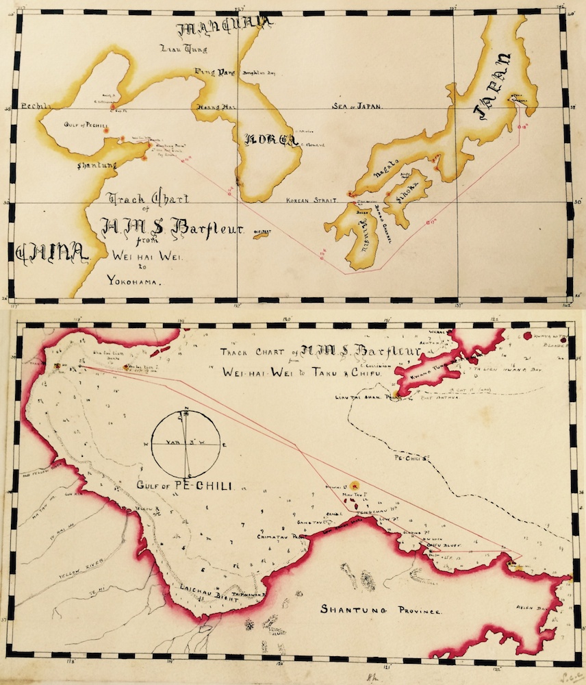 Track charts drawn by Midshipman BJD Guy, VC, while serving in HMS Barfleur during the Boxer Rebellion. Protector operated mainly in the Gulf of Pe-Chili as illustrated.