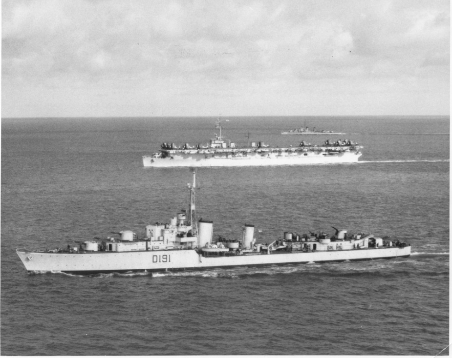 HMAS Bataan in company with USS Bataan off the Korean coast, 17 April 1951.