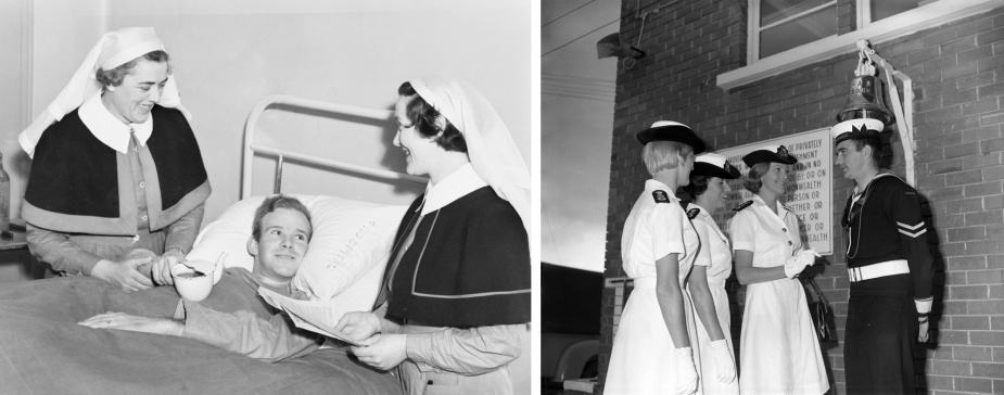 Left: Acting Matron E Emms and Sister ME Schinckel with Stoker P Weedon, a patient at Flinders Naval Hospital, Victoria, September 1943. Right: Officers of the RANNS arrive at the gangway of HMAS Penguin, circa 1970s.