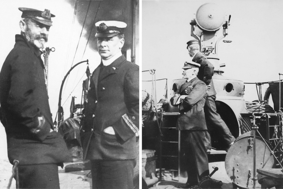 Left: Officers of the Victorian Naval Forces on board 'Countess' circa 1897. Right: Captain WR Creswell overseeing manoeuvres on Port Phillip Bay while embarked in 'Countess' c.1905.