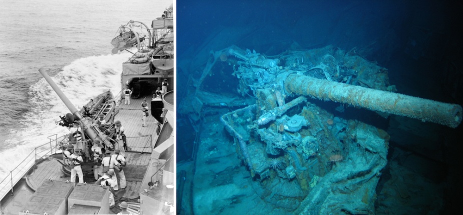 Left: Sydney's port, forward 4-inch gun (designated P1) being served by its gun's crew. Right: P1 in situ on Sydney's wreck. The 4-inch gun deck showed signs of heavy damage as is evident in this image.