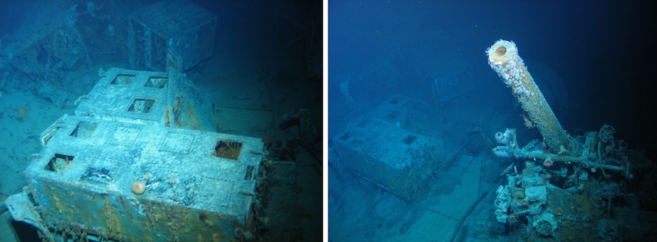 Left: The remains of ready-use 4-inch ammunition lockers on Sydney's gun deck. Right: The port, aft 4-inch gun (designated P2) as it is today.