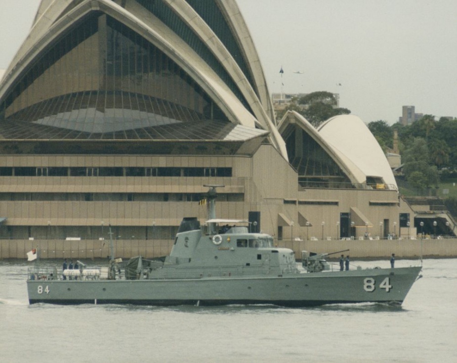 HMPNGS Aitape in Sydney Harbour for the 75th Anniversary of the RAN celebrations in 1986.