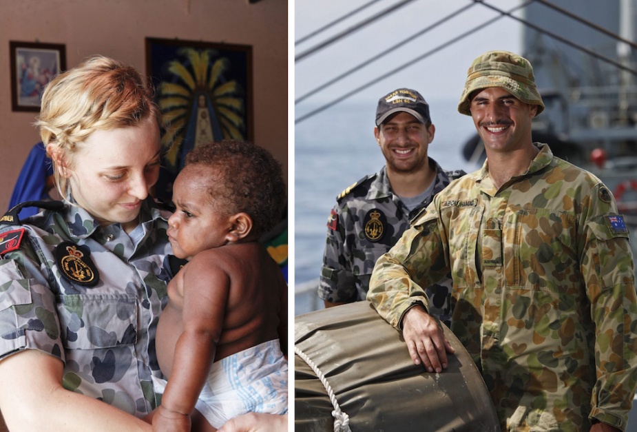 Left: Able Seaman Communications and Information Systems Operator Jordan Shephard nurses a baby at the Lujan Home for Girls in Vanimo. Right: Lieutenant Daniel Khayat with Sapper Wael Abou Hamad on the forecastle of HMAS Tobruk.