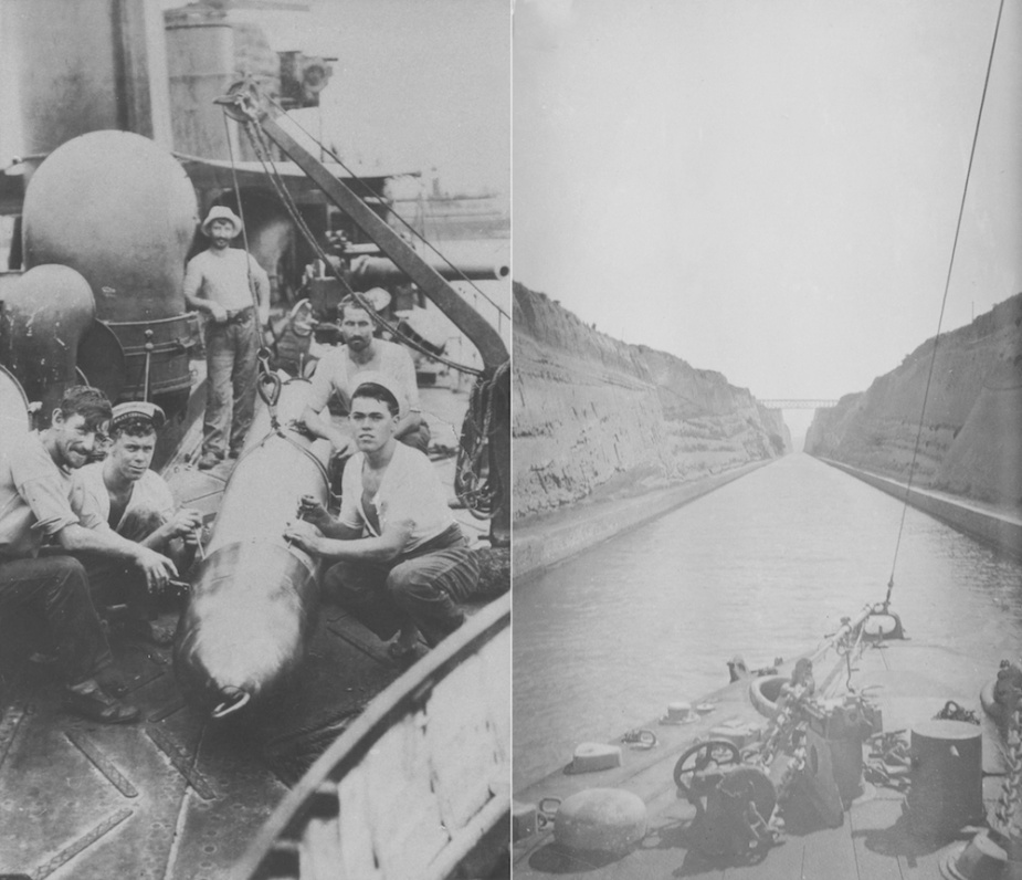 Left: Crew members fitting a warhead to a torpedo in the Mediterranean 1917. Right: Parramatta passing through the Corinth Canal, Greece, 1918.