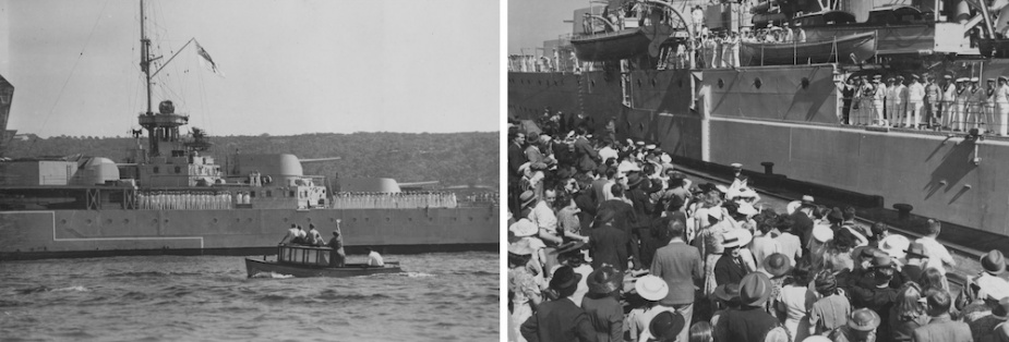 Left: A pleasure craft carrying well-wishers escorts Perth into Sydney Harbour. Right: Perth secures along side her berth at Garden Island, 31 March 1940.