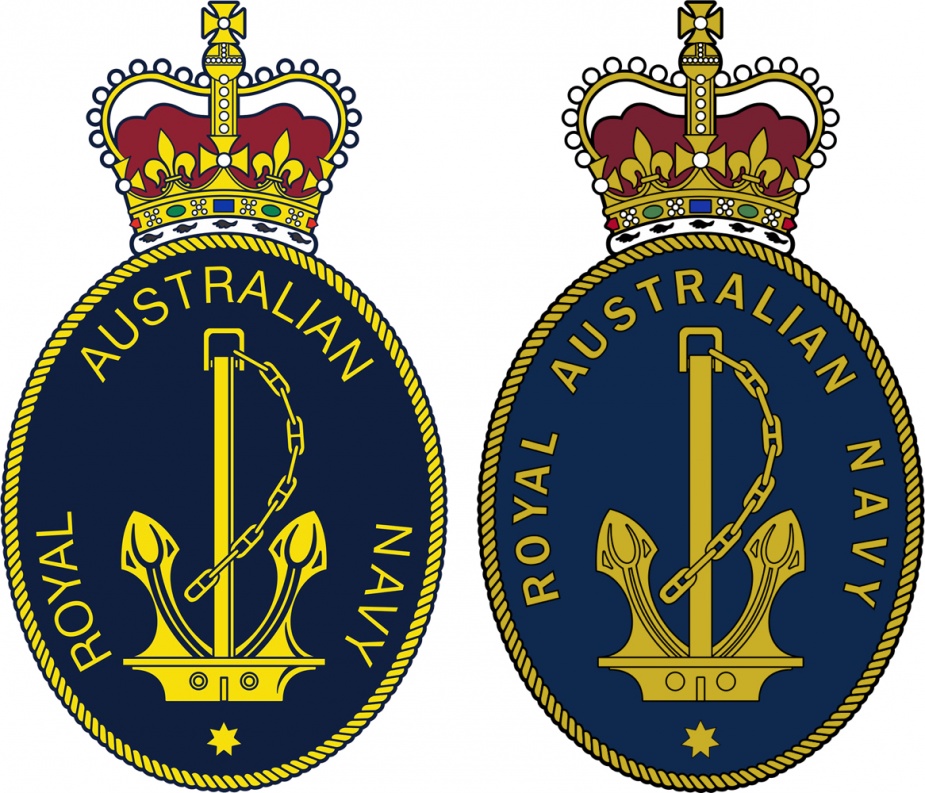 Left: The official badge of the RAN 1980. Right: The official badge of the RAN 2002, note the closer spacing within the words.