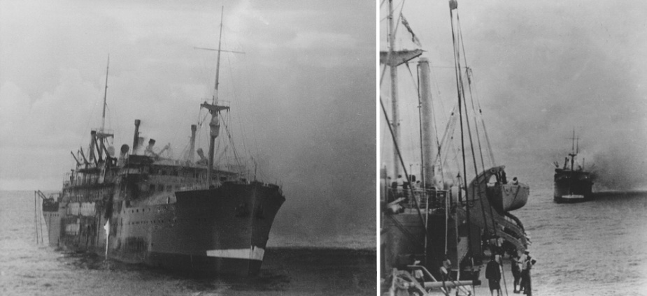 The Italian vessel Romolo abandoned and on fire.