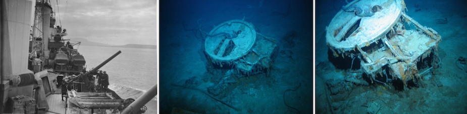 Left: A view looking forward from the rear of the starboard 4-inch gun deck: The guns on this deck were designated S1 (forward) and S2 (aft) respectively. S1 separated from Sydney when she sank and now lies inverted on the seabed in the debris field.