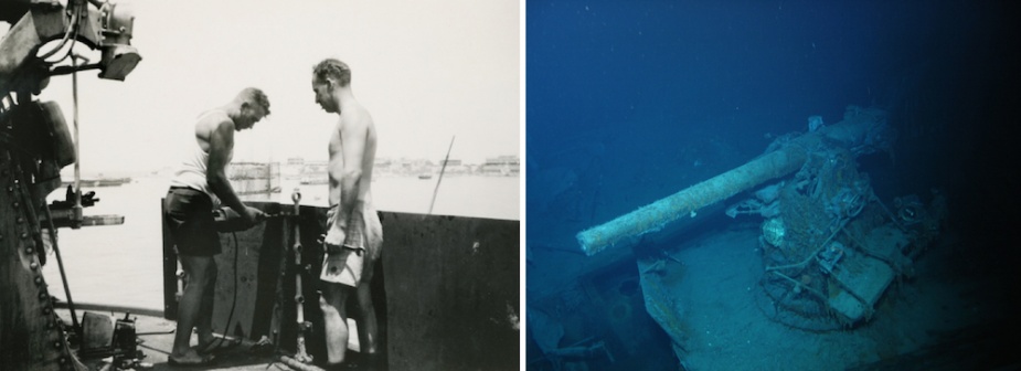 Left: In July 1940 Sydney's shipwrights secured 3/8-inch steel plate to the guardrails surrounding the 4-inch gun deck in an effort to provide guns crews with a measure of protection. Right: Gun 'S2' in situ at the aft end of the gun deck. Beneath its gun barrel can be seen remnants of portions of the 3/8-inch plate seen being fitted at left.