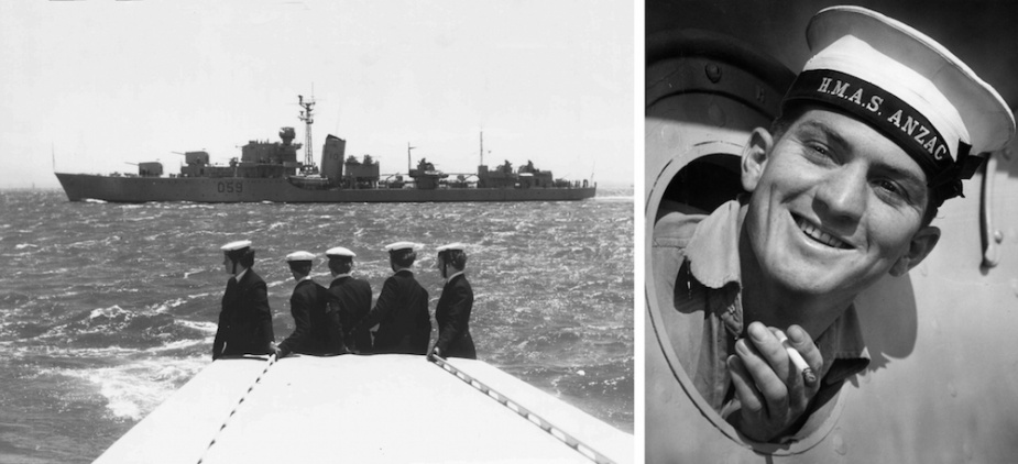 Left: Women of the Royal Australian Naval Service look out at HMAS Anzac (II). Right: Leading Seaman Gordon Hope leans out of a porthole of HMAS Anzac (II) smoking a cigarette. (State Library Victoria H98 100 3327)