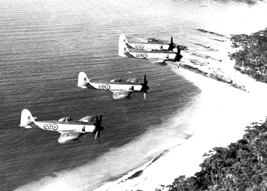 Sea Furies in formation from HMAS Sydney.