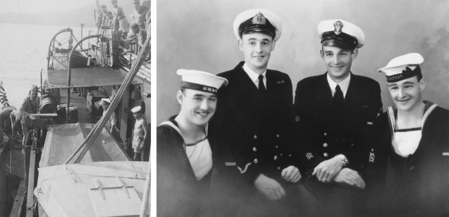 Left: A Japanese Harbour Master arriving on board Shepparton to hand over military charts and documents after the surrender of Japanese forces at Rabul on 8 September 1945. (AWM P12402.005). Right: Studio group portrait of brothers Alan, Bruce, Desmond and John Drummond in their Australian Naval uniforms. Sub Lieutenant Bruce Wiilliam Drummond enlisted on 10 October 1941 and discharged on 20 March 1946. He served on the corvettes HMAS Dubbo and HMAS Shepparton. Bruce was present on Shepparton at the time of the survey for bombs in Rabul Harbour at the end of the war. After the war, Bruce studied medicine and became a doctor in his local town of Toowoomba. (AWM P04351.001)
