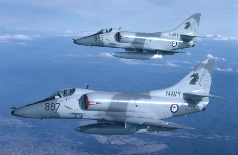 Two A4-G Skyhawks in formation, circa 1981.