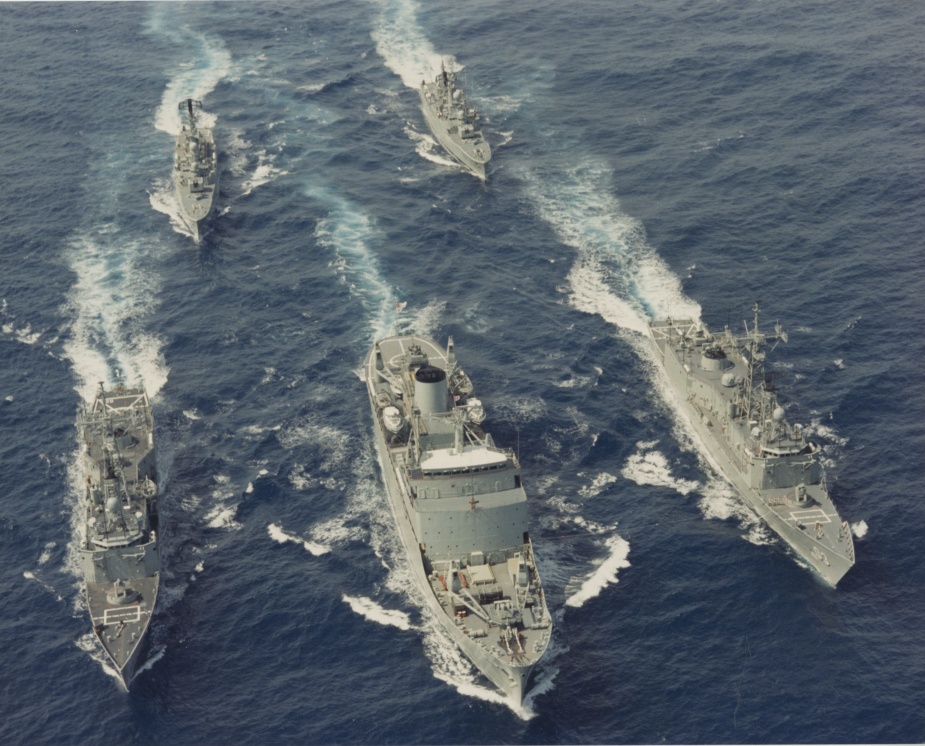 Stalwart at sea in company with Canberra, Sydney, Yarra and Stuart.