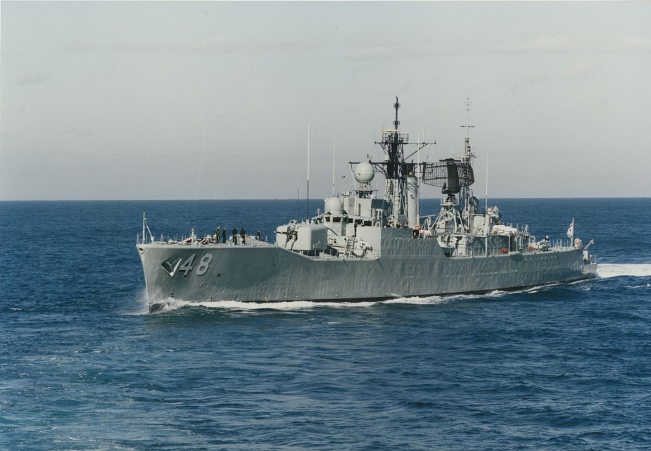 HMAS Stuart (II) at sea in the eastern Australian exercise area, circa 1988.