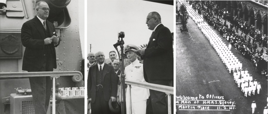 The Lord Mayor of Sydney, Alderman Crick addressing Sydney's ship's company. Note the Cape Spada presentation shield in the background. Sydney's crew march through Martin Place en route to Sydney Town Hall.