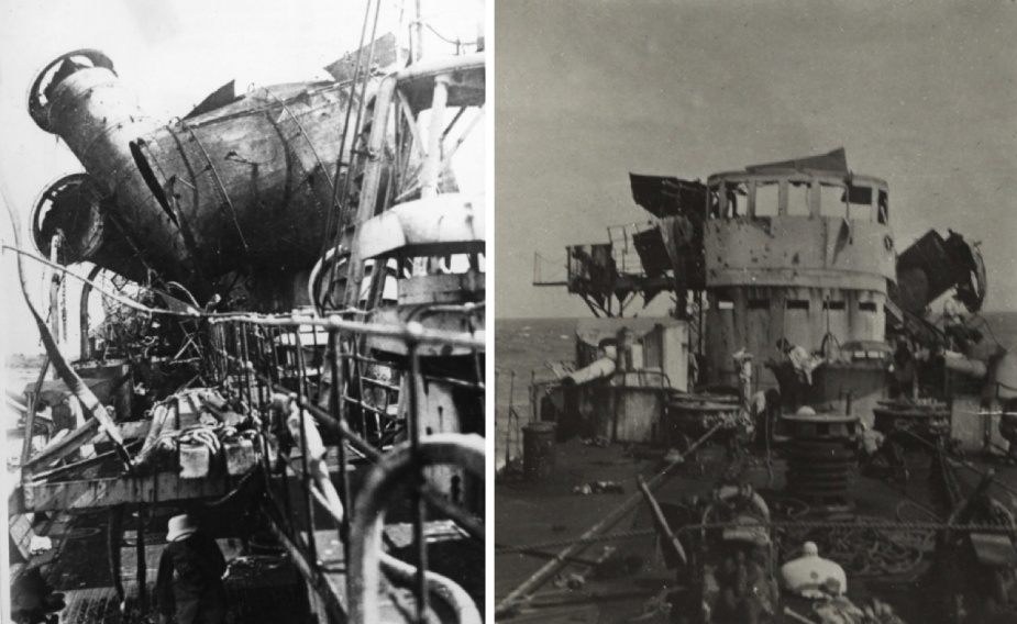 Left: The twisted remains of Emden's funnels and upper works. Right: Damage to Emden's bridge as seen from her foc'sle.