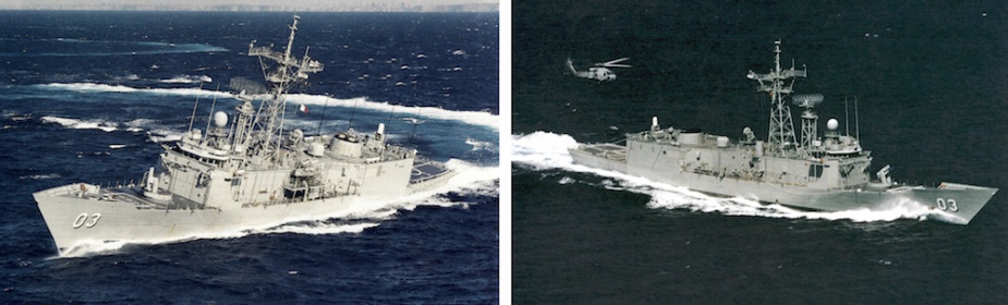 Left: Sydney prepares to conduct helicopter operations. Right: A helicopter approaches Sydney in preparation for landing on deck.