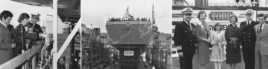 Left: Mr John Gilbride Jr. of Todd Pacific Shipyards, the launching lady Mrs G.J. Willis, the flower girl Margaret Chapman, and Captain S.P. Passantino, USN, during the launching ceremony of HMAS Sydney (IV). Middle: Sydney sliding down the slipway. Right: Captain Passantino, the matron of honour Mrs J.A. O'Farrell, Miss Chapman, Mrs Willis, Captain D.M. Stembel Jr. USN, and Mr Gilbride pose following the launching ceremony.