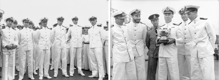 Left: Officers and men of HMAS Sydney. L-R: ?, Engineering Commander LS Dalton, Lieutenant Commander MM Singer, Surgeon Commander HW Gault, Lieutenant Commander EW Thruston, Lieutenant Commander CA Montgomery, ? Right: Lieutenant  JH Simpson, Lieutenant Commander JC Bacon, Flight Lieutenant TM Price, RAAF, Commander TJ Hiklen, Lieutenant IT Treloar, ?, (ANMM)